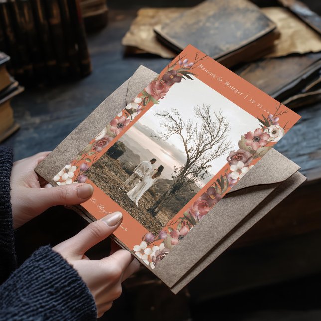 Moody Floral Autumn Photo Terracotta Save the Date Invitation (Creator Uploaded)