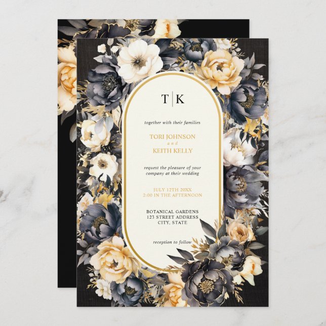 Moody Floral Black and White QR Code Invitation (Front/Back)