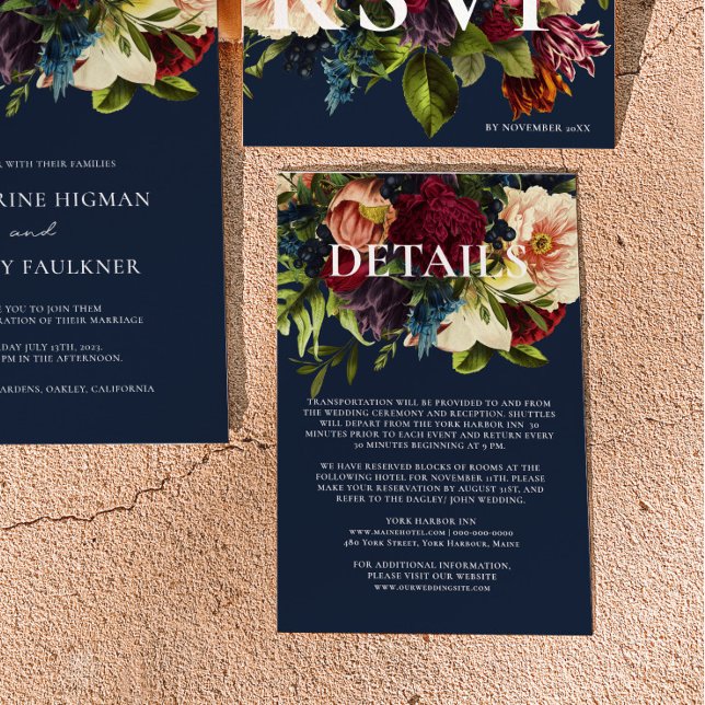 Moody Floral Burgundy and Navy Wedding details Enclosure Card (Creator Uploaded)
