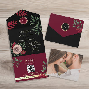 Moody Floral Burgundy Black Wedding All In One Invitation