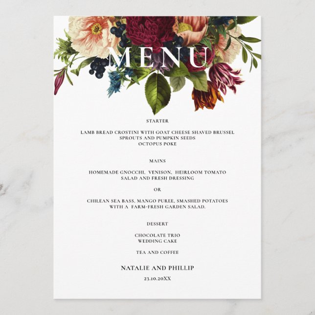 Moody Floral Burgundy Wedding dinner Menu (Front)