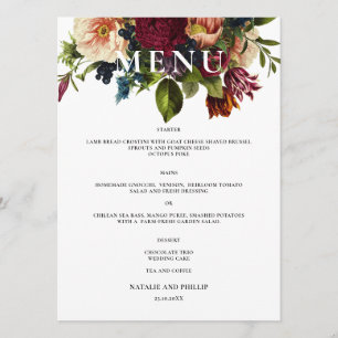 Moody Floral Burgundy Wedding dinner Menu