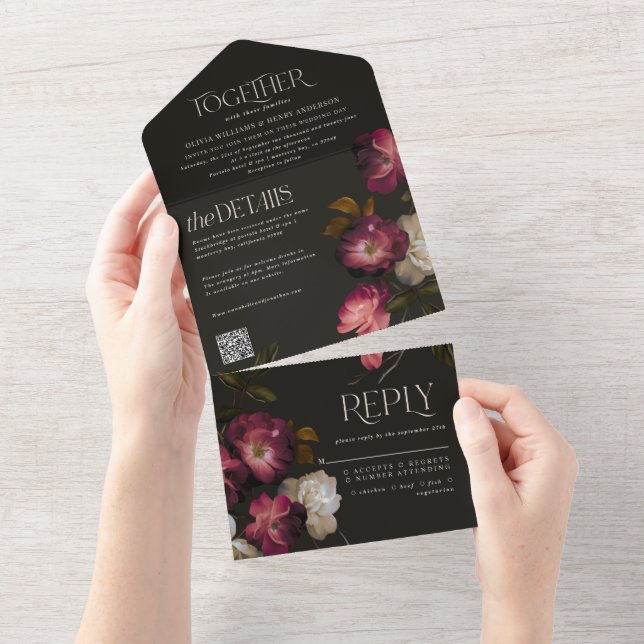 Moody Floral Dark Chic Burgundy Wedding QR Code All In One Invitation (Tearaway)