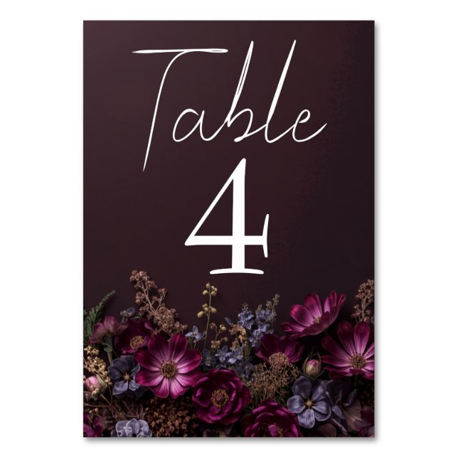 Moody Floral Dark Wildflowers Fall Wedding Table Number (Front)