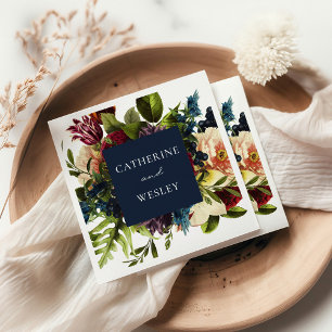 Moody Floral Navy & Burgundy Wedding  Napkin