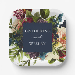 Moody Floral Navy & Burgundy Wedding  Paper Plate