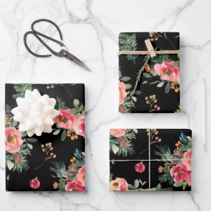 Moody Floral Pattern Black Christmas Botanical Wrapping Paper Sheet