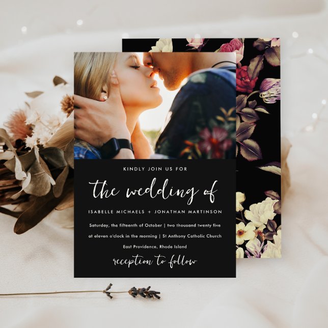 Moody Floral Pattern Photo Wedding Invitation (Elegant moody floral wedding invitation features lovely vintage look flowers on a black background.)