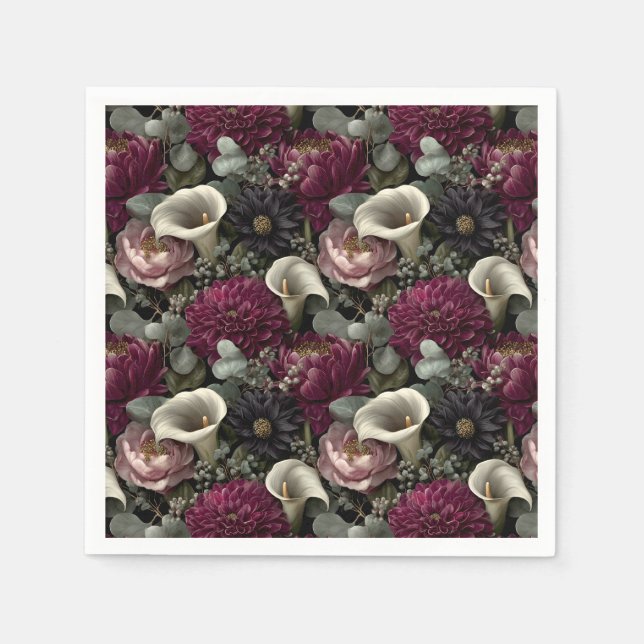 Moody Floral Pattern with Dahlias and Calla Lilies Napkin (Front)
