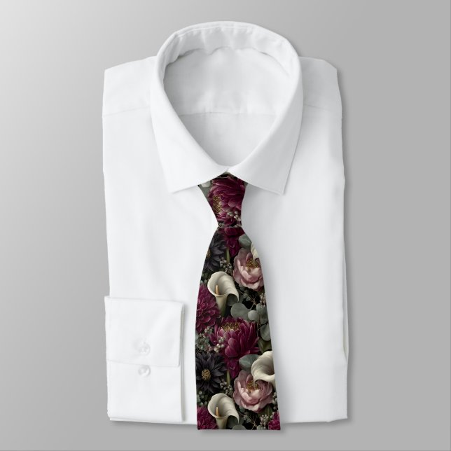 Moody Floral Pattern with Dahlias and Calla Lilies Tie (Tied)