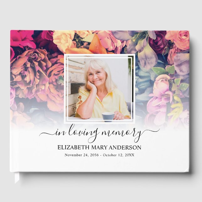 Moody Floral Photo Sympathy Funeral Watercolor Guest Book (Front)