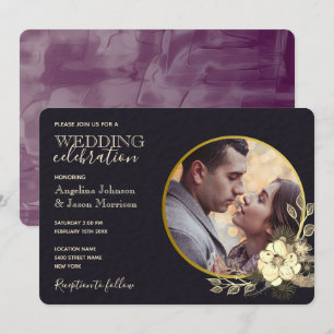 Moody Floral Purple Gold Black Wedding Invitation
