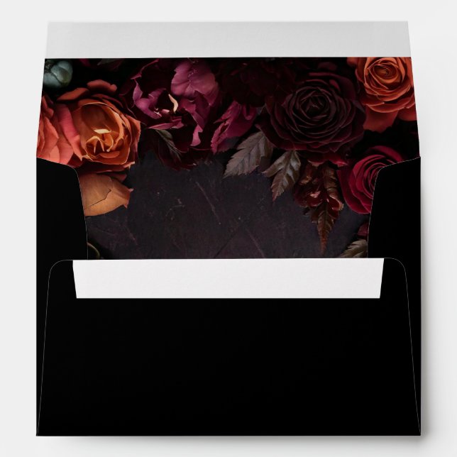 Moody Floral Return Address Black Elegant Wedding Envelope (Back (Bottom))