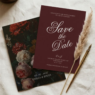 Moody Floral Save the Date Card Burgundy