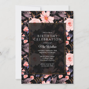 Moody Floral Vintage Black + Pink Any Age Birthday Invitation