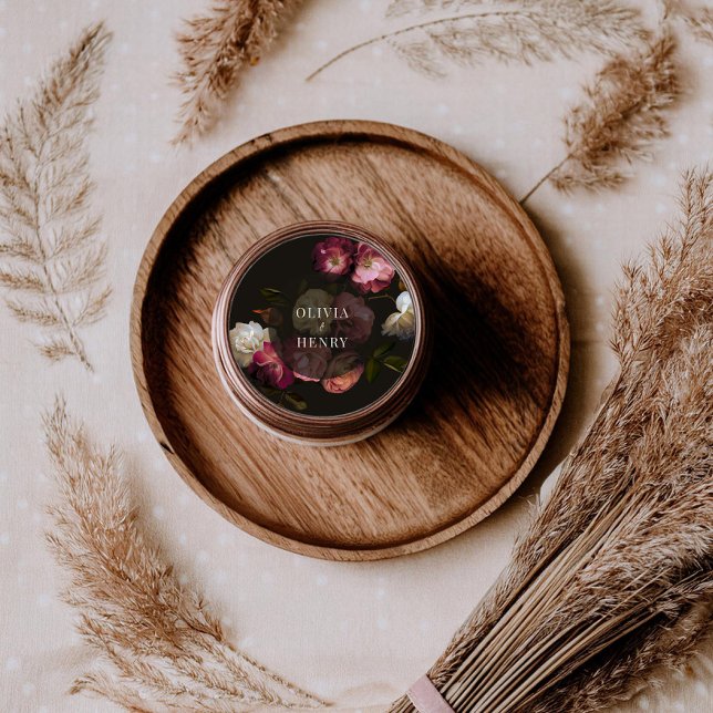 Moody Floral Wedding Dark Romantic Black Burgundy Classic Round Sticker (Creator Uploaded)