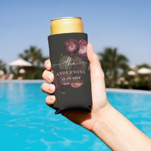 Moody Floral Wedding Personalized Dark Seltzer Can Cooler