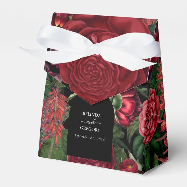 Moody Florals Black Arch Burgundy Red Wedding  Favour Box (Front Side)