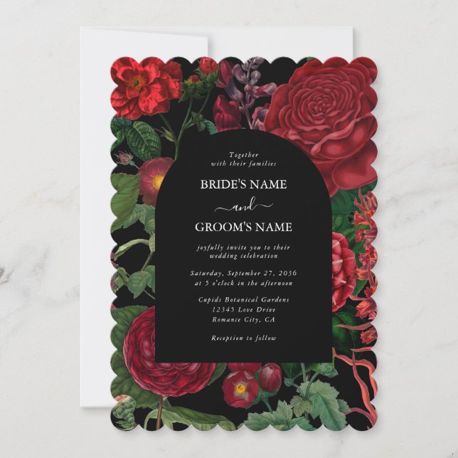 Moody Florals Black Arch Burgundy Red Wedding Invitation (Front)