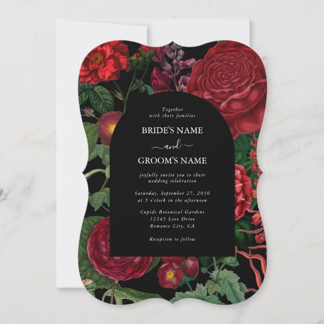 Moody Florals Black Arch Burgundy Red Wedding Invitation (Front)