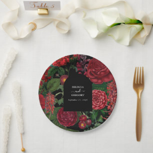 Moody Florals Black Arch Burgundy Red Wedding Paper Plate