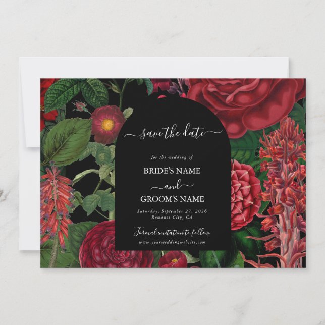 Moody Florals Black Arch Burgundy Red Wedding  Save The Date (Front)