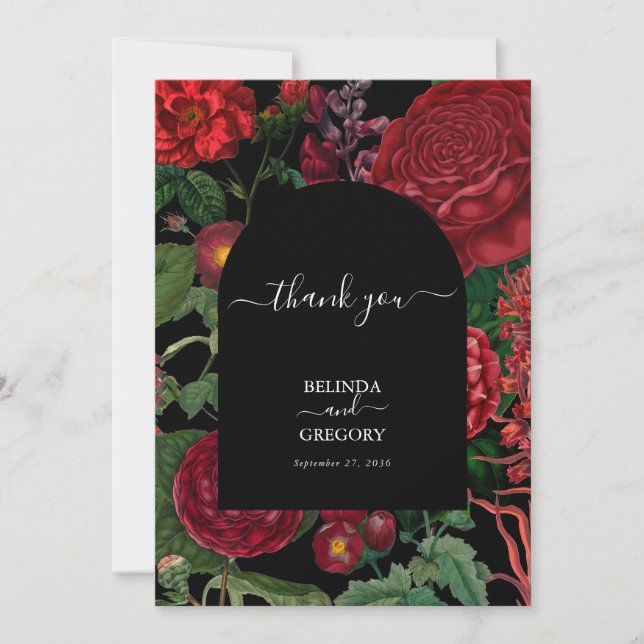 Moody Florals Black Arch Burgundy Red Wedding  Thank You Card (Front)