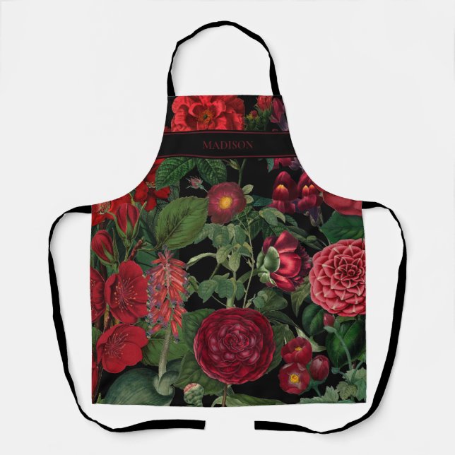 Moody Florals Black & Burgundy Vintage Monogram Apron (Front)
