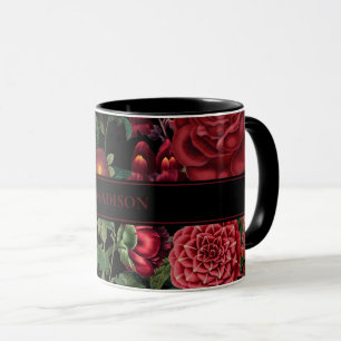 Moody Florals Black & Burgundy Vintage Monogram Mug