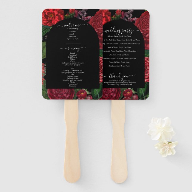 Moody Florals Black Burgundy Wedding Program Hand Fan (Front and Back)