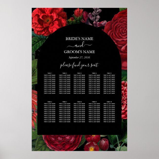 Moody Florals Black Burgundy Wedding Seating Chart (Front)