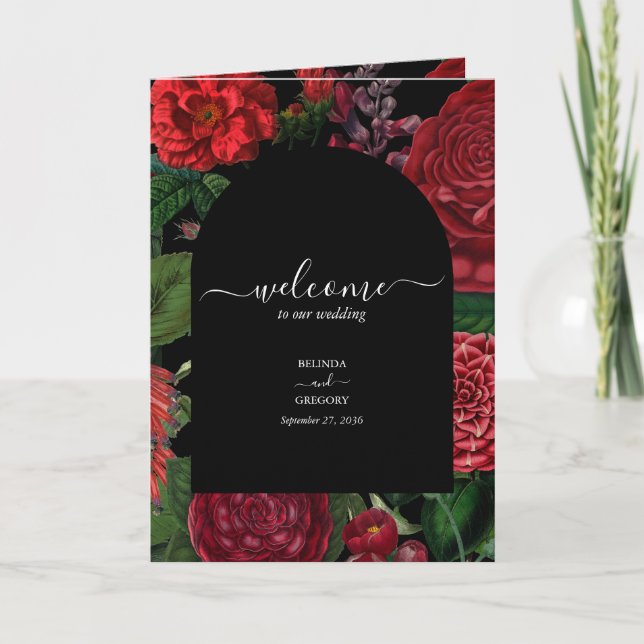 Moody Florals Burgundy Wedding Order of Service Program (Front)