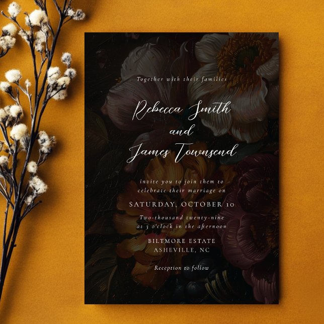 Moody Florals Dark Botanical Calligraphy Wedding Invitation (Creator Uploaded)
