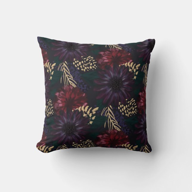 Moody Florals, Gold Pinecone & Spruce Christmas Cushion (Front)