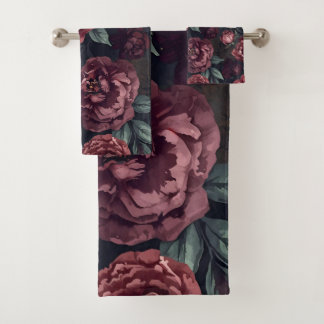 Moody Florals Watercolor Dark Red Pattern Bath Towel Set