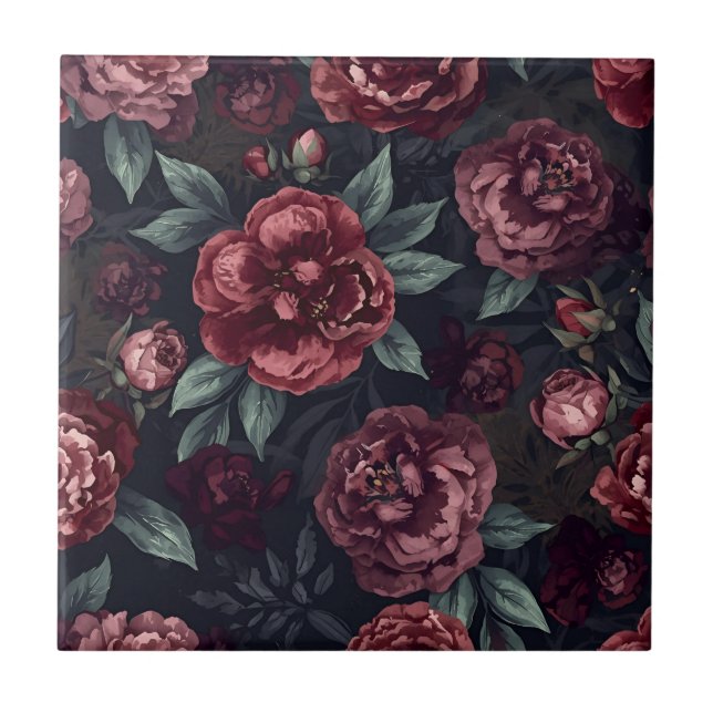 Moody Florals Watercolor Dark Red Pattern Ceramic Tile (Front)