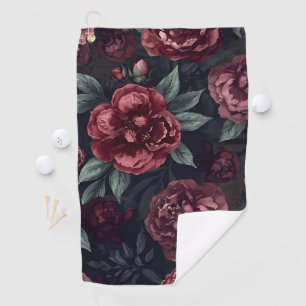 Moody Florals Watercolor Dark Red Pattern Golf Towel