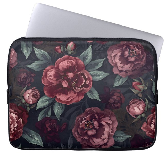 Moody Florals Watercolor Dark Red Pattern Laptop Sleeve (Front)
