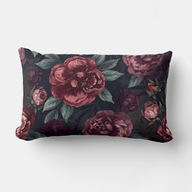 Moody Florals Watercolor Dark Red Pattern Lumbar Cushion (Front)