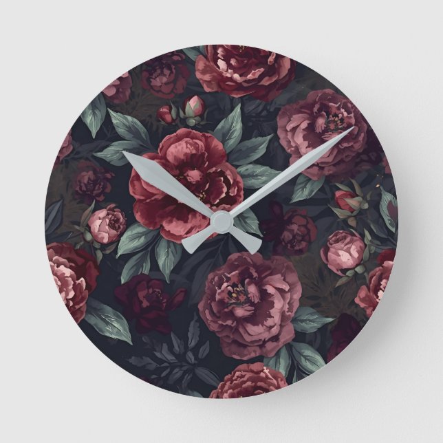 Moody Florals Watercolor Dark Red Pattern Round Clock (Front)