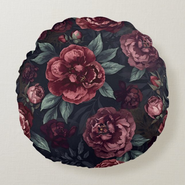 Moody Florals Watercolor Dark Red Pattern Round Cushion (Front)