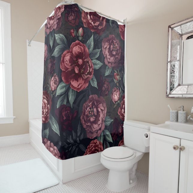 Moody Florals Watercolor Dark Red Pattern Shower Curtain (In Situ)