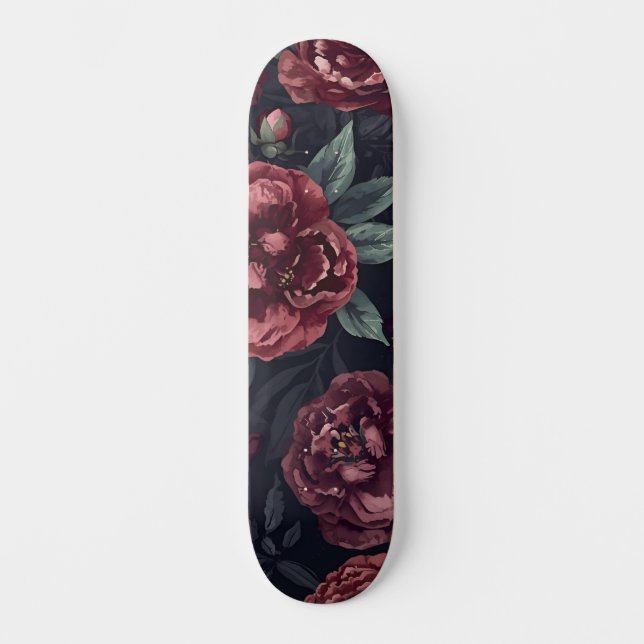 Moody Florals Watercolor Dark Red Pattern Skateboard (Front)