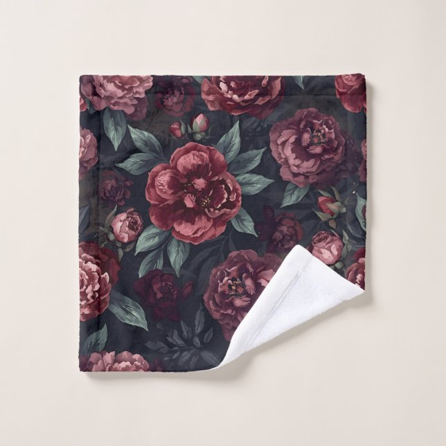 Moody Florals Watercolor Dark Red Pattern Wash Cloth (Wash Cloth)