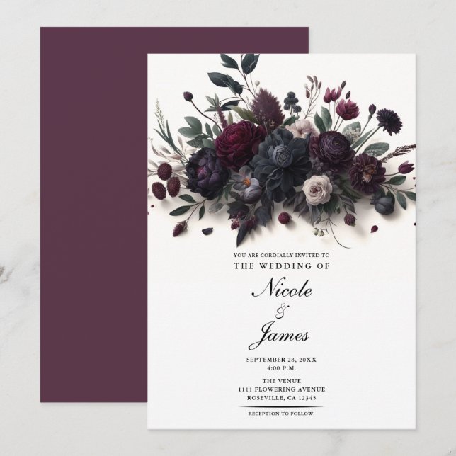 Moody Flowers Elegant Floral Wedding Invitation (Front/Back)