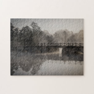 Moody Foggy Black White Bridge over Water Jigsaw Puzzle