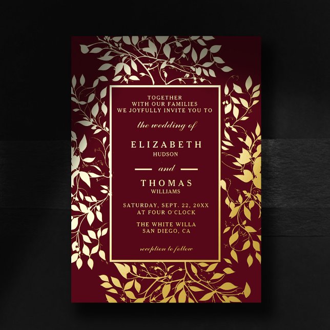 Moody Forest Botanical Gold Modern Classic Wedding (moody forest wedding invitation botanical frame burgundy gold elegant modern classic woodland fairy)