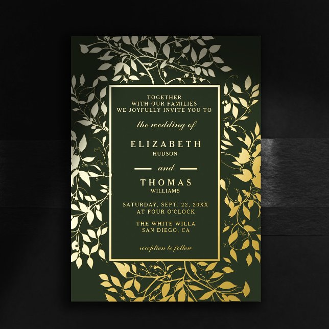 Moody Forest Botanical Gold Modern Classic Wedding (moody forest wedding invitation botanical frame green gold elegant modern classic woodland fairy)