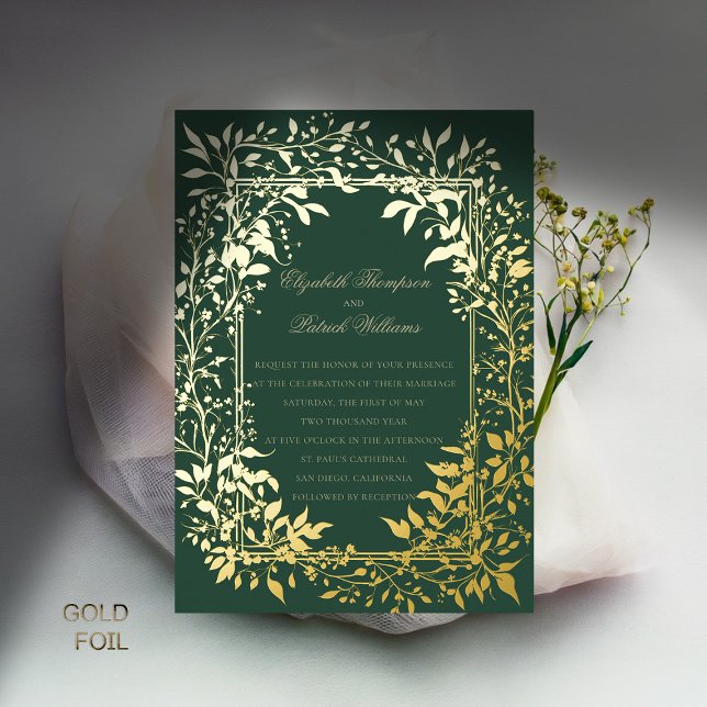 Moody Forest Foliage Elegant Gold Classic Wedding (moody forest wedding invitation botanical frame green elegant modern traditional calligraphy gold)