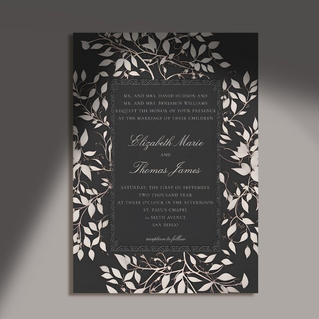 Moody Forest Foliage Traditional Classic Wedding Invitation (moody forest wedding invitation botanical frame black white elegant classic traditional parents)